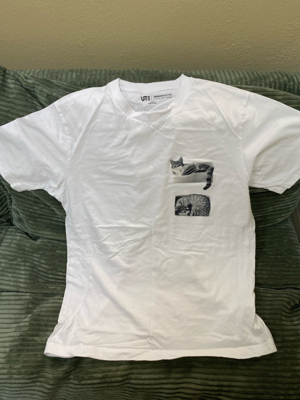 Uniqlo White Tee with Black & Gray Cat Pockets
